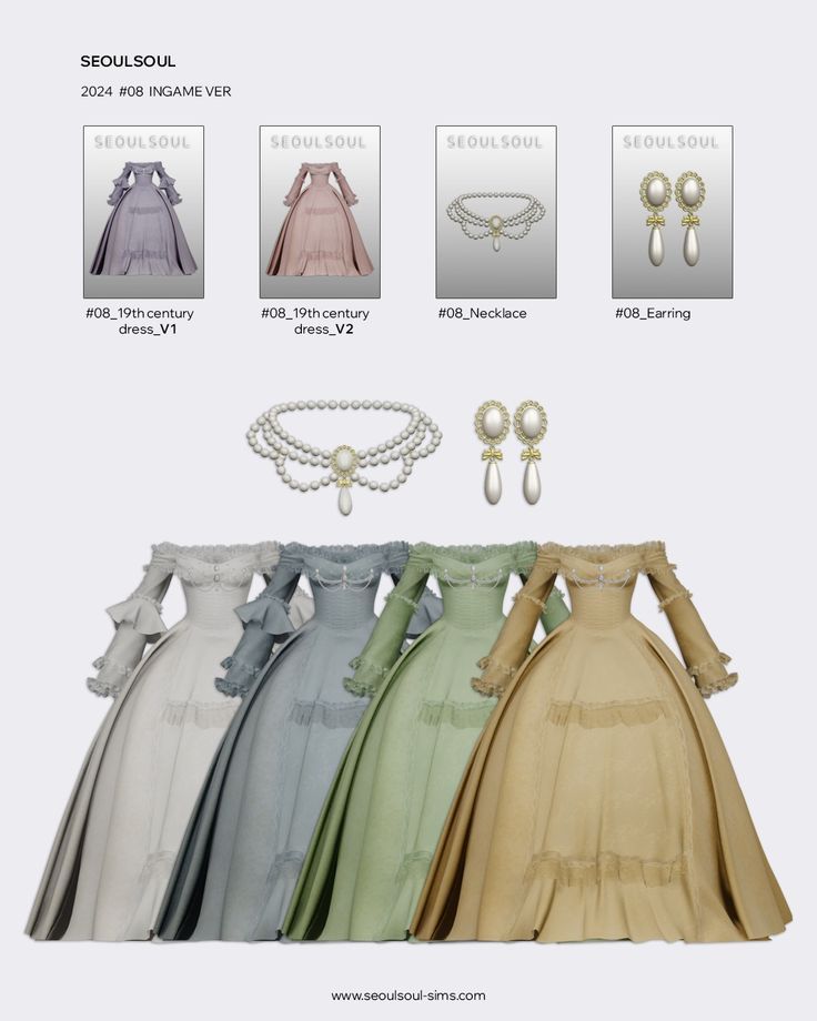 four dresses and jewelry are shown in three different color options for the dress, with pearls on