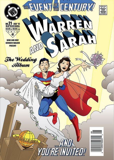 the cover to superman's wedding album, featuring two people dressed as superman and wonder woman