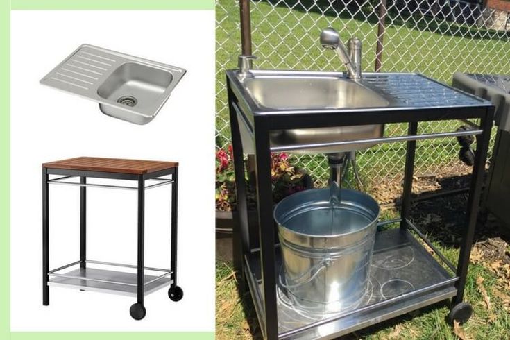 an outdoor kitchen with a sink and grill on the grass next to a metal trash can