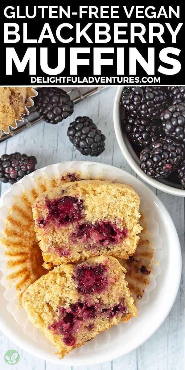 blueberry muffins cut in half and stacked on top of each other with the text gluten - free vegan blackberry muffins