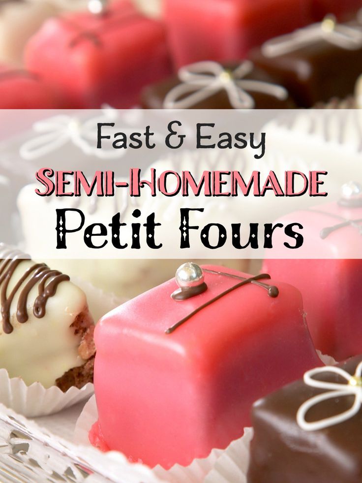 some chocolates are sitting on a plate with the words, fast and easy semi - homemade petit fours