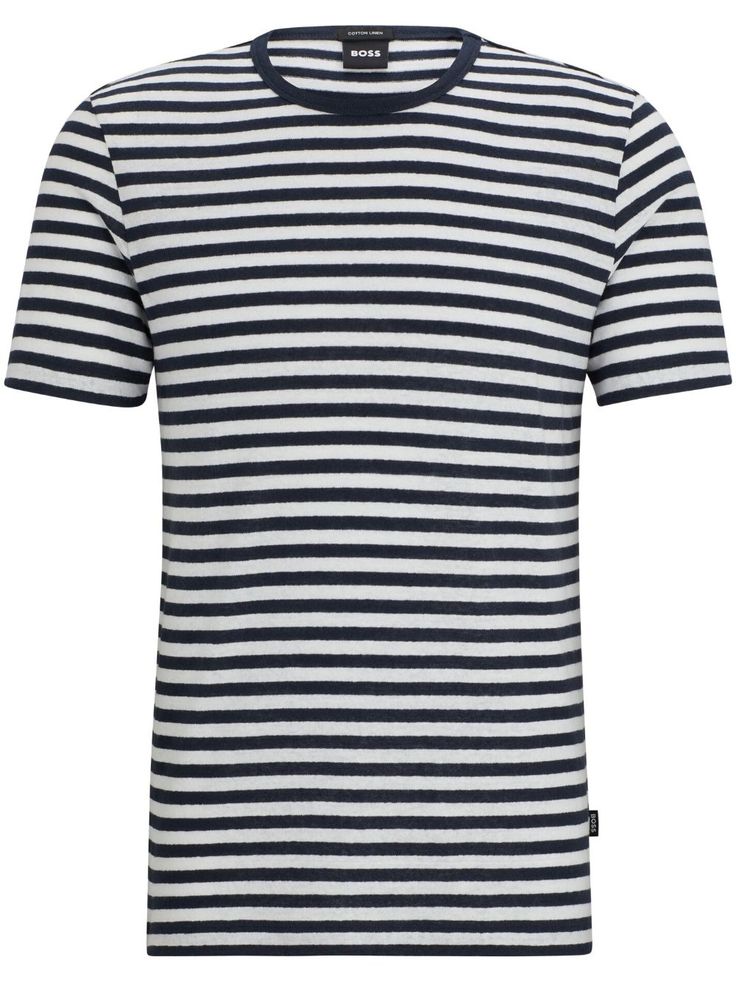 navy blue white cotton-linen blend stripe print logo patch to the side crew neck short sleeves straight hem Linen Tshirts, Dolce E Gabbana, T Shirt Vest, Print Logo, Stripe Print, Hugo Boss, Cotton Linen, White Cotton, Patch Logo