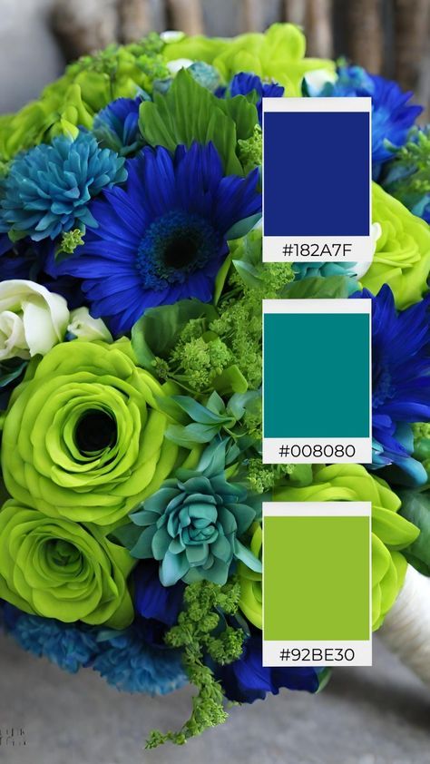 a bouquet with blue and green flowers is shown in this color scheme for the bride's bouquet