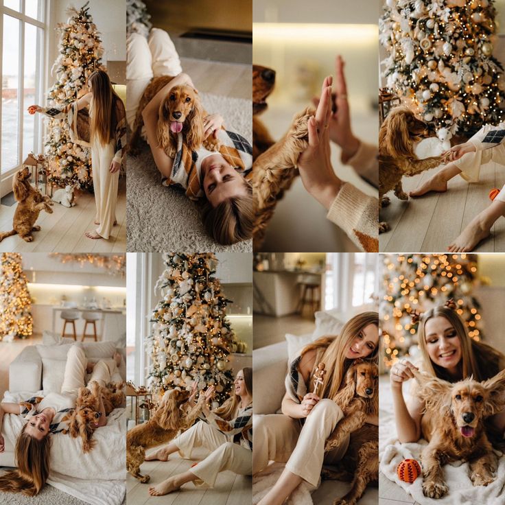 a woman laying on the floor next to a christmas tree with her dog and cat