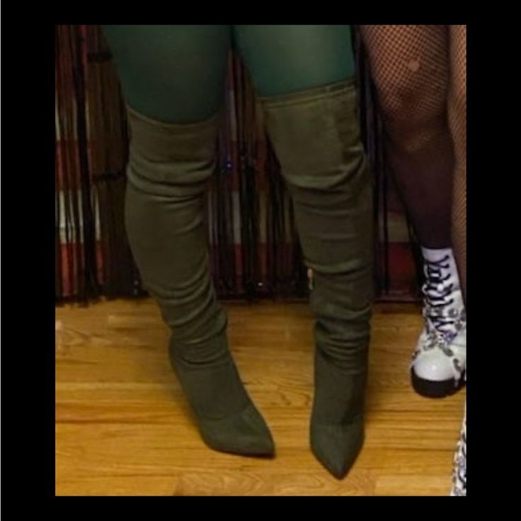 Knee High. High Heeled, Suede Boots. Women's Size 7 1/2 Brand New, Worn Once For A Halloween Costume & Been In The Box/Protectives Bags Since. I Am 5'1, They Came Just Over My Knee As Seen In The Photo. They Are Olive Green. Winter Fitted Synthetic Boots, Fitted Synthetic Winter Boots, Trendy Fitted Synthetic Heeled Boots, Trendy Fitted Boots, Trendy Fitted Knee-high Synthetic Boots, Fitted Boots For Night Out In Spring, Fitted Synthetic Heeled Boots For Fall, Fitted High Ankle Synthetic Heeled Boots, Trendy Fitted High Heel Boots