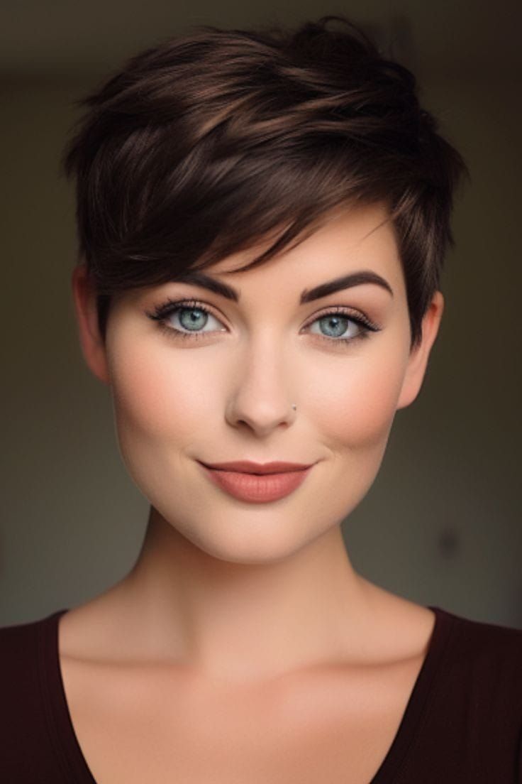 Short Brown Pixie Haircuts, Pixie Hairstyles Brunette, Light Brown Pixie Haircut, Pixie Cut Brown Hair, Pixie Haircut With Highlights, Brunette Pixie With Highlights, Short Hair Dark Brown, Brown Pixie Hair, Dark Pixie Cut