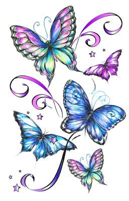 three butterflies with swirls and stars on them