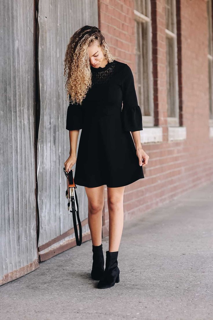 little black dress with ankle boots | fall outfit | fall style | fall fashion Dress And Short Boots Outfit, Black Boots For Dresses, Black Ankle Boots With Dress, Short Dress Boots Outfit, Fall Dresses With Boots Ankle Booties, Short Black Dress With Boots, Black Dress With Boots Outfit, Black Dress With Ankle Boots, Ankle Boots With Dress Outfit