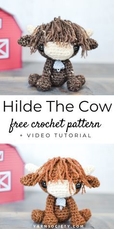 two crocheted animals sitting next to each other with the text hide the cow free crochet pattern