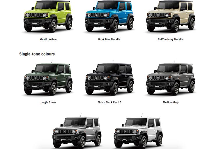 six different colors of jeeps are shown in this graphic above the four images below