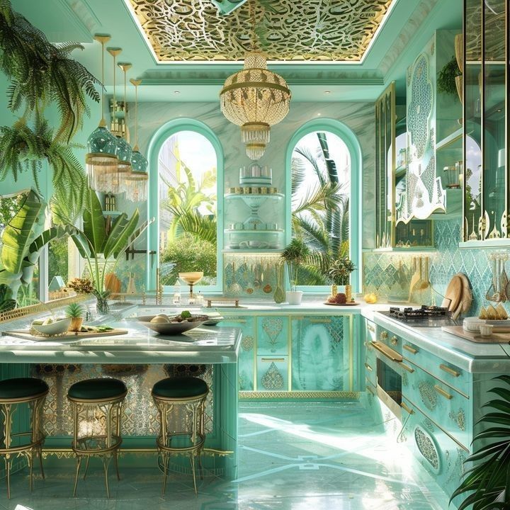 a kitchen filled with lots of green furniture and plants on top of counter tops in front of large windows