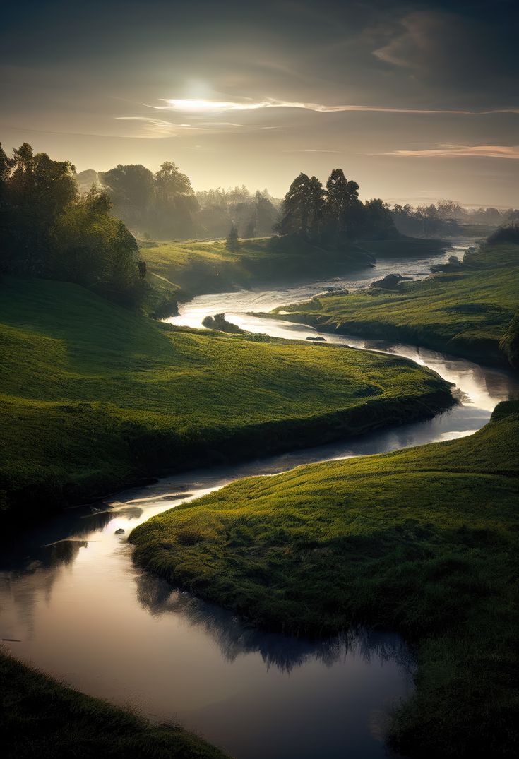 a river running through a lush green field under a cloudy sky with sun shining on the horizon