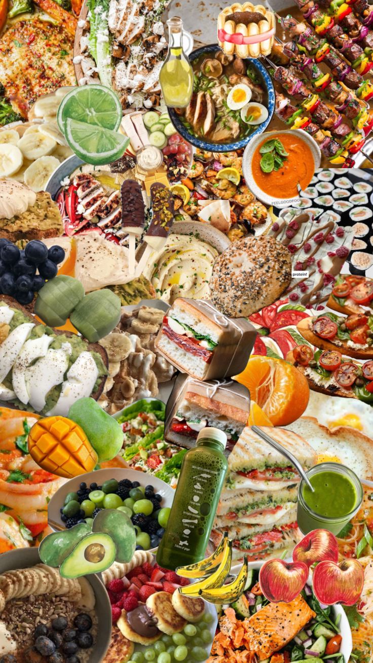 many different types of food are spread out in the shape of a collage on top of each other