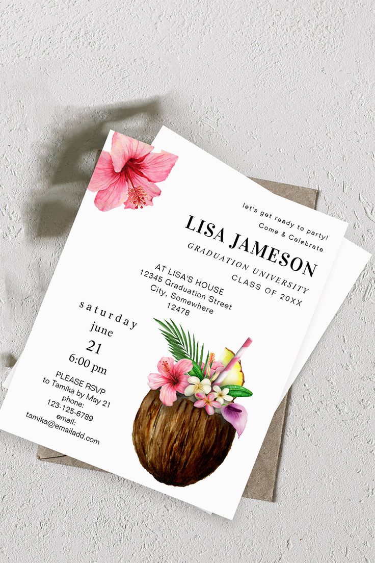 a white and pink tropical themed birthday party card with flowers on the inside of it