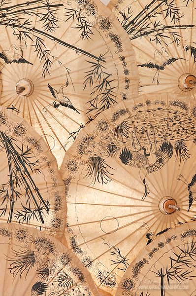 several parasols that have been decorated with flowers and plants on them, as well as bamboo leaves