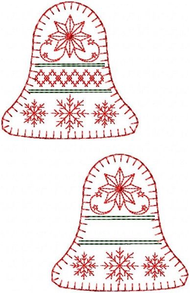 two knitted bells with snowflakes on them, one has a bow and the other has a flower