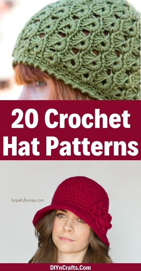 crochet hat patterns with the text overlay that reads, 20 crochet hat patterns