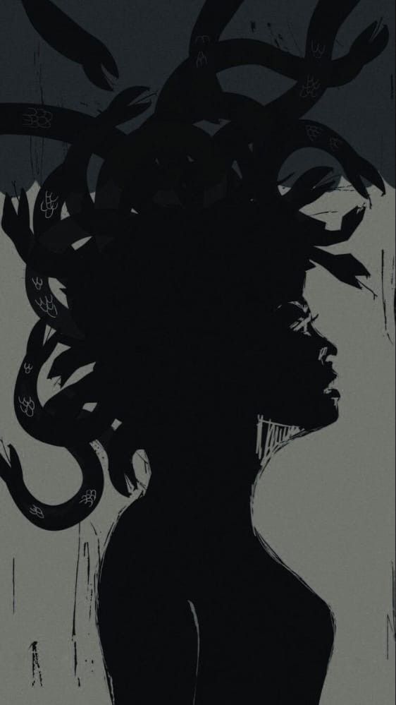 a black and white drawing of a woman's head with snakes in her hair