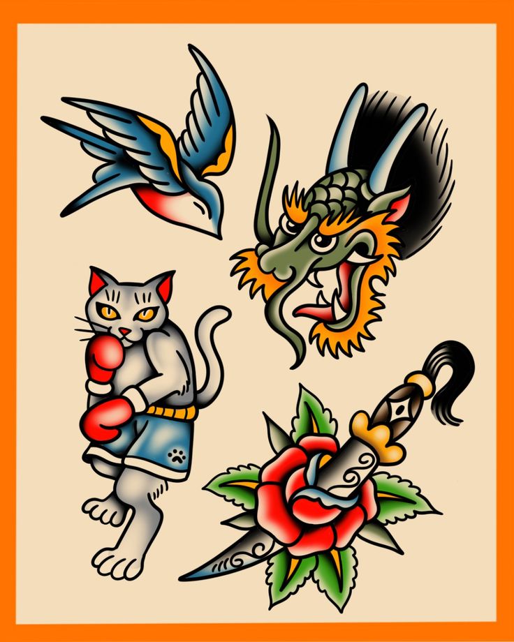 an old school tattoo design with cats and birds