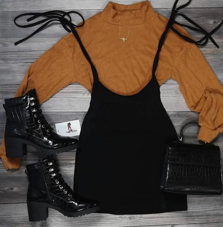 Black tied suspender skirt, black booties, black purse and pumpkin orange mock neck long sleeve crop top outfit Orange Fall Outfit, Mock Neck Outfit, Long Sleeve Cropped Top Outfits, Fall Aesthetic Outfit, Black Suspenders, Outfit 2022, Orange Outfit, Black Dress Outfits, Tumblr Outfits