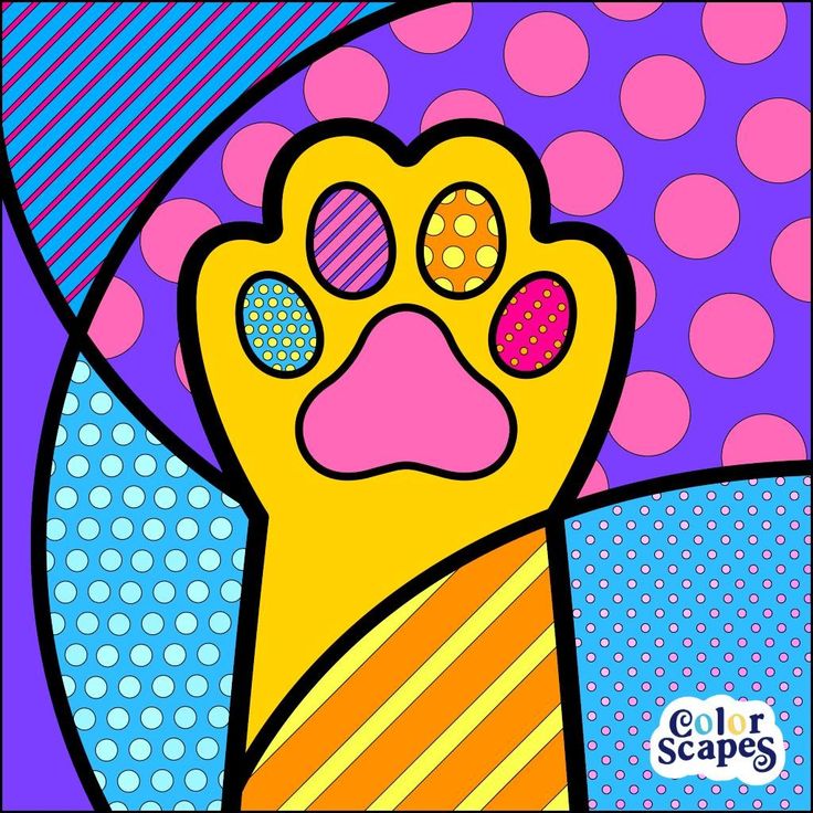 a painting of a dog's paw with polka dots and stripes on the background