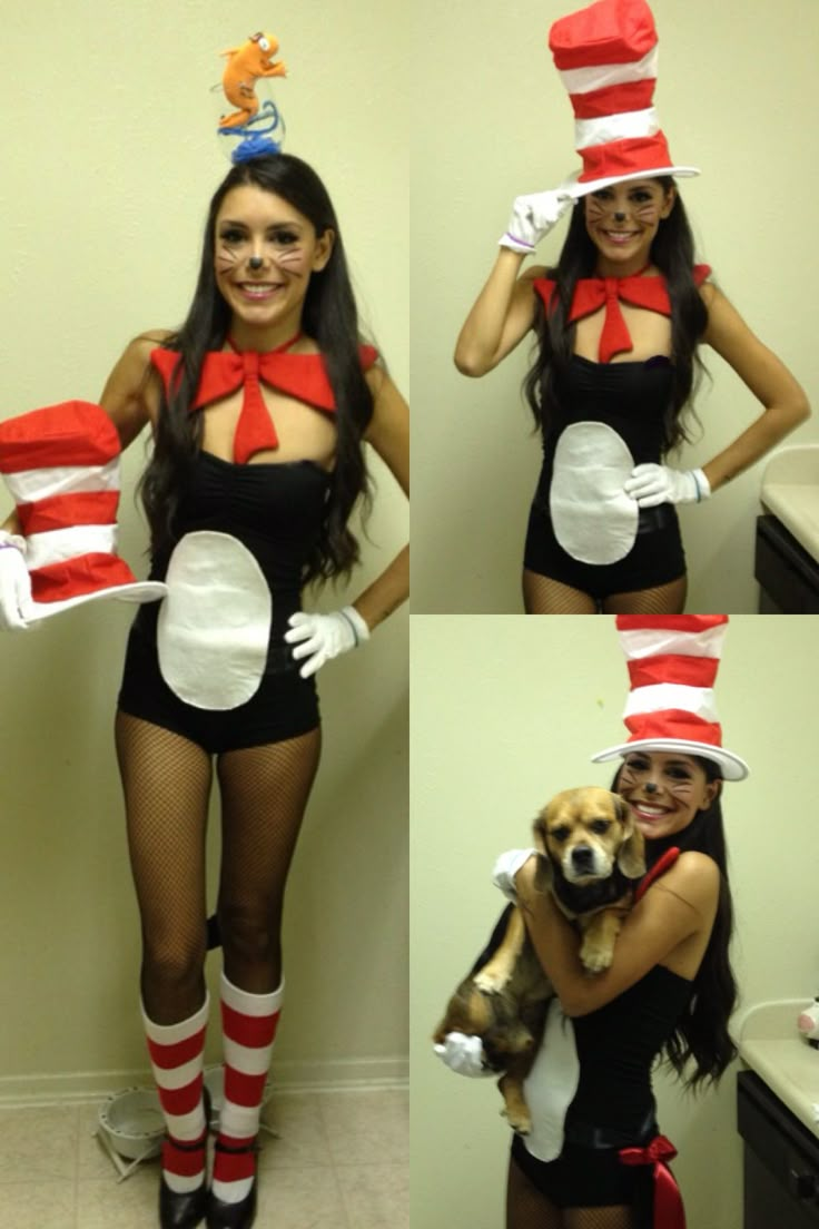 the woman is dressed up as cat in the hat and holding a dog while posing for pictures