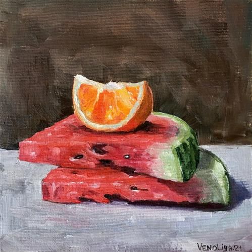 a painting of watermelon slices and an orange