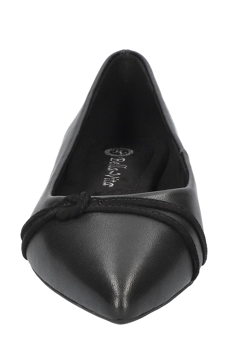 A suede hitch at the pointy toe adds some Western swing to this smooth leather flat featuring a cushioned footbed for dance-the-night-away comfort. Leather upper/textile lining/synthetic sole Imported Pointed Toe Cushioned Ballet Flats, Pointed Toe Synthetic Ballet Flats With Cushioned Footbed, Leather Flats With Wrapped Heel, Formal Fitted Synthetic Flats, Pointed Toe Synthetic Flats With Removable Insole, Fitted Synthetic Ballet Flats With Closed Toe, Fitted Synthetic Closed Toe Ballet Flats, Evening Leather Flats Fitted, Fitted Leather Ballet Flats