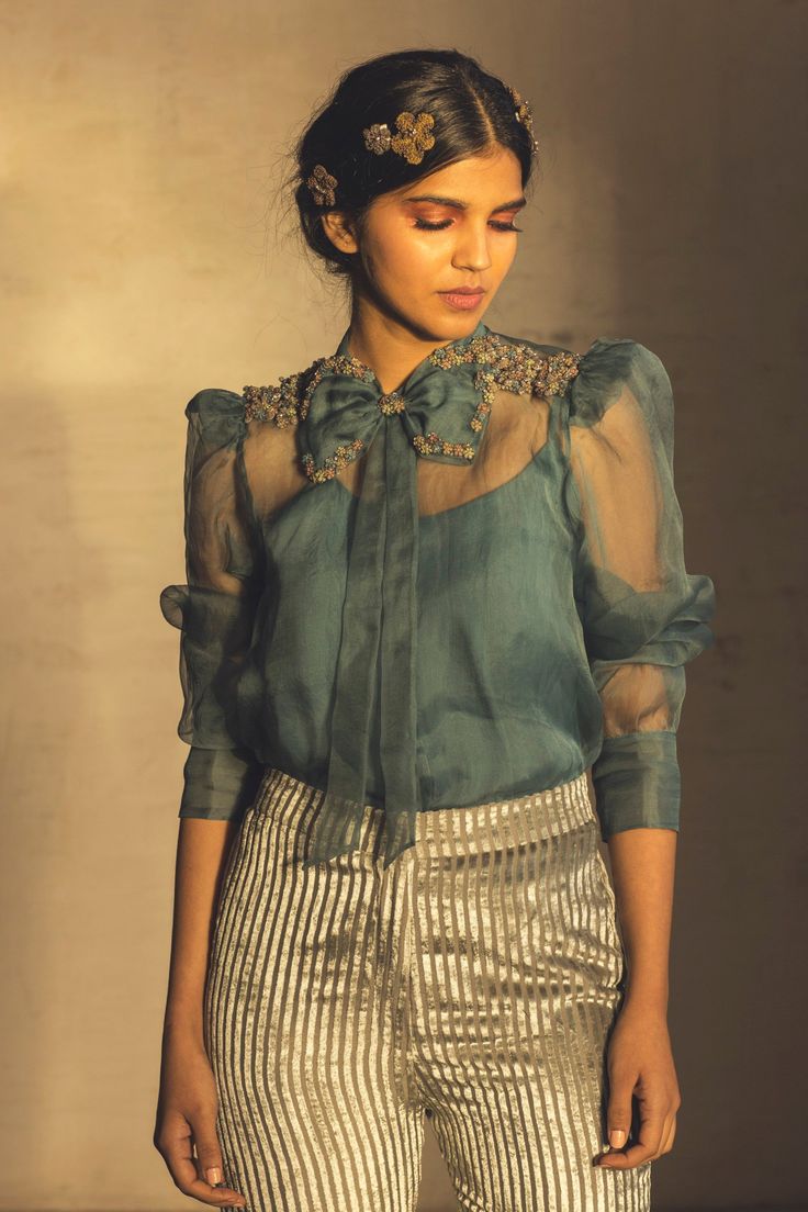 Parul And Preyanka-Teal Bow Organza Floral Shirt-INDIASPOPUP.COM Organza Shirts For Women, Sequin Shirt Outfit, Organza Tops Blouses, Organza Blouse Designs, Formal Shirt Design, Organza Tops, Organza Kurti, Floral Embroidered Shirt, Organza Shirt