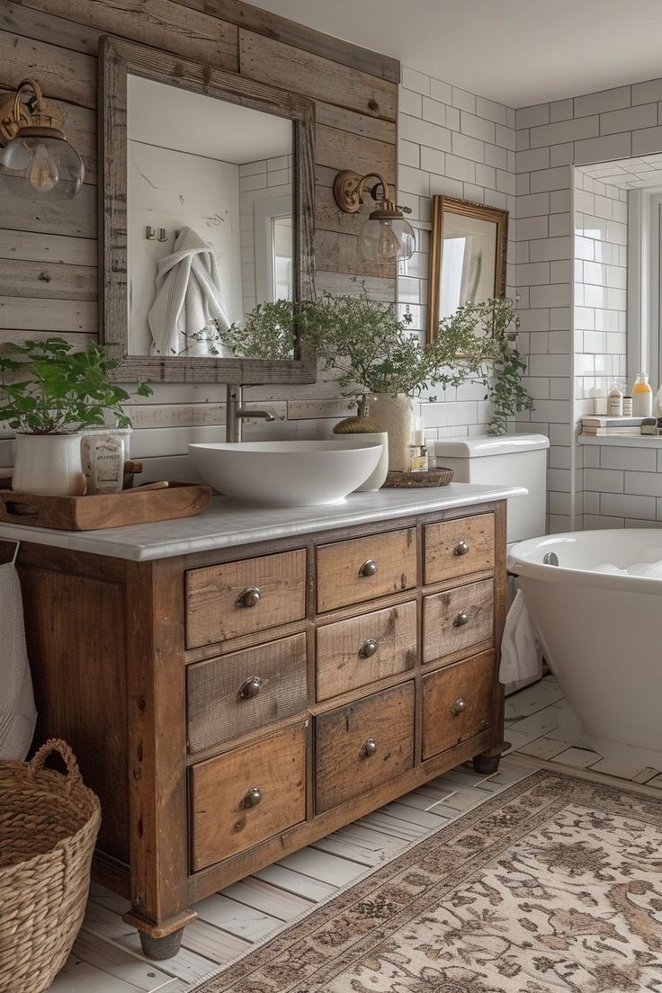 a bathroom with a tub, sink and mirror