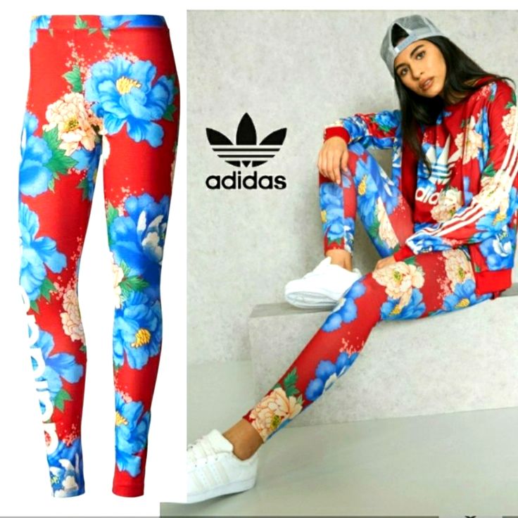 Soft Body Hugging Eye Catching Leggings Blue And White Flower Pattern On A Red Background Pull On Style High Waisted Elastic Waistband Logo On Right Leg Brand New With Tags Waist 22" ( Strench 26") Rise 9" Hip 38" Inseam 32" Leg Opening 9" Red Adidas Bottoms For Spring, Adidas Red Bottoms For Spring, Adidas Sweatpants Women, Gray Tights, White Flower Pattern, Brown Leggings, Adidas Leggings, Adidas Crop, Running Leggings