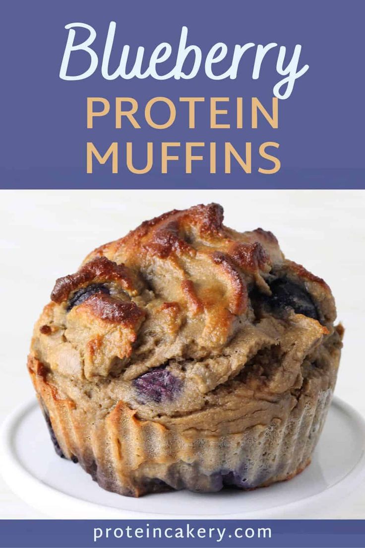 blueberry protein muffins on a white plate with text overlay that reads, blueberry protein muffins