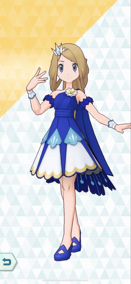 a girl in a blue and white dress is holding her hands out to the side