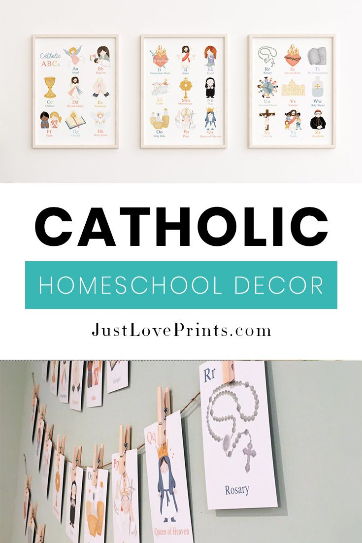 the words catholic homeschool decor above pictures of children's artwork on clothes pins