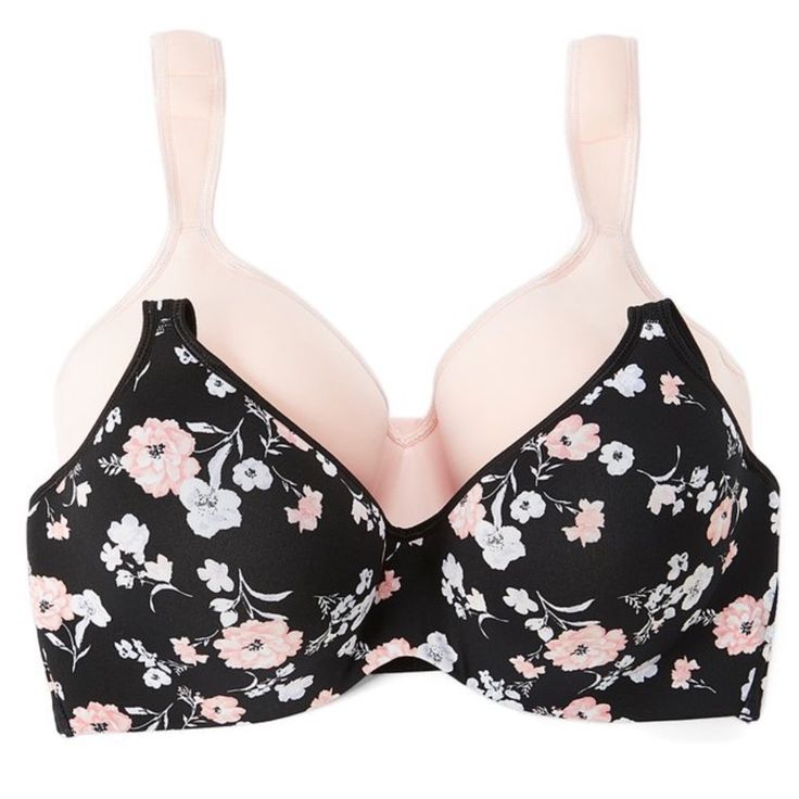 These Two Pretty Bras Will Spruce Up Your Top Drawer! One Is A Light Peachy Pink While The Other Is Black With Light Blue And Pink Flowers. Features Include: - Lightly Padded Molded Cups - Underwire - Adjustable Comfort Straps - 3 Sets Of 3 Hook And Eye Closures - Hand Wash Feminine Black Bra, Pink Full Coverage Bra With Removable Pads, Pink Full Coverage Summer Bra, Pink Full Coverage Bra, Summer Full Coverage Pink Bra, Pink Underwire Partially Lined Bra, Pink Partially Lined Feminine Bra, Feminine Pink Partially Lined Bra, Partially Lined Pink Bra For Spring