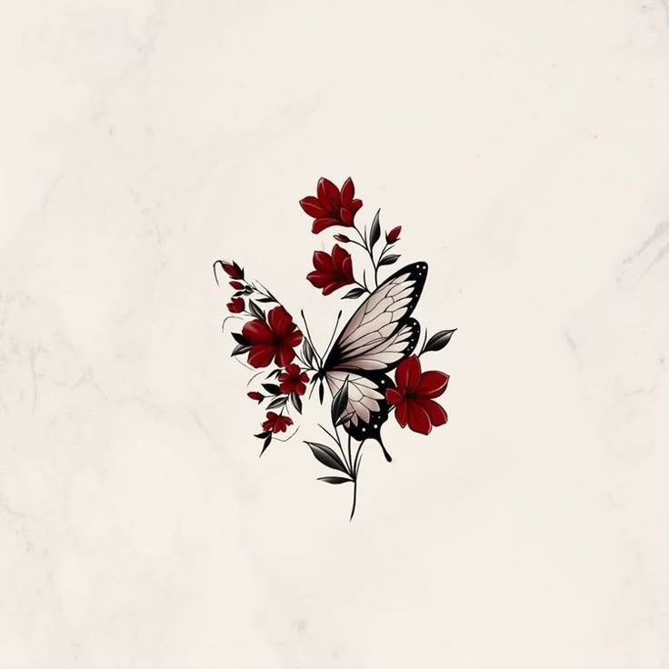 a butterfly sitting on top of red flowers in the middle of a white marble wall