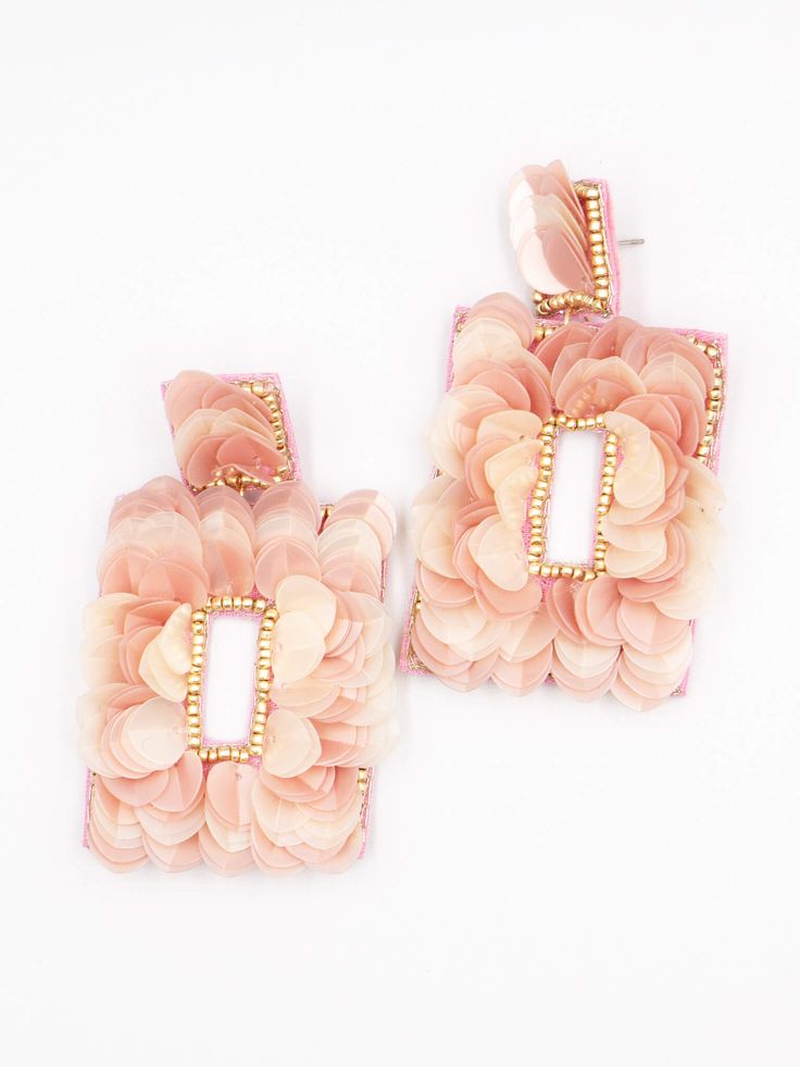 These delicate sequin ruffle earrings are available in four pastel colorways. They are the perfect accessory to add a touch of femininity to any outfit. Summer fashion vibes are in full swing, and these trendy earrings will definitely elevate your style. These earrings are so versatile and can be worn with anything from a sundress to a t-shirt and jeans. Dress them up or down, either way, they'll make you stand out. For our brides - these earrings in white are the perfect jewelry statement piece Elegant Beaded Earrings For Summer Party, Elegant Beaded Spring Earrings, Chic Pink Flower Earrings For Spring, Elegant Spring Beaded Earrings, Spring Flower Earrings For Parties, Chic Party Beaded Drop Earrings, Chic Beaded Drop Earrings For Parties, Chic Spring Flower Earrings For Pierced Ears, Chic Dangle Flower Earrings For Party