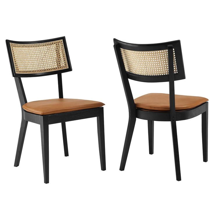 two black and brown chairs with wooden seat covers on each side, one has a woven backrest