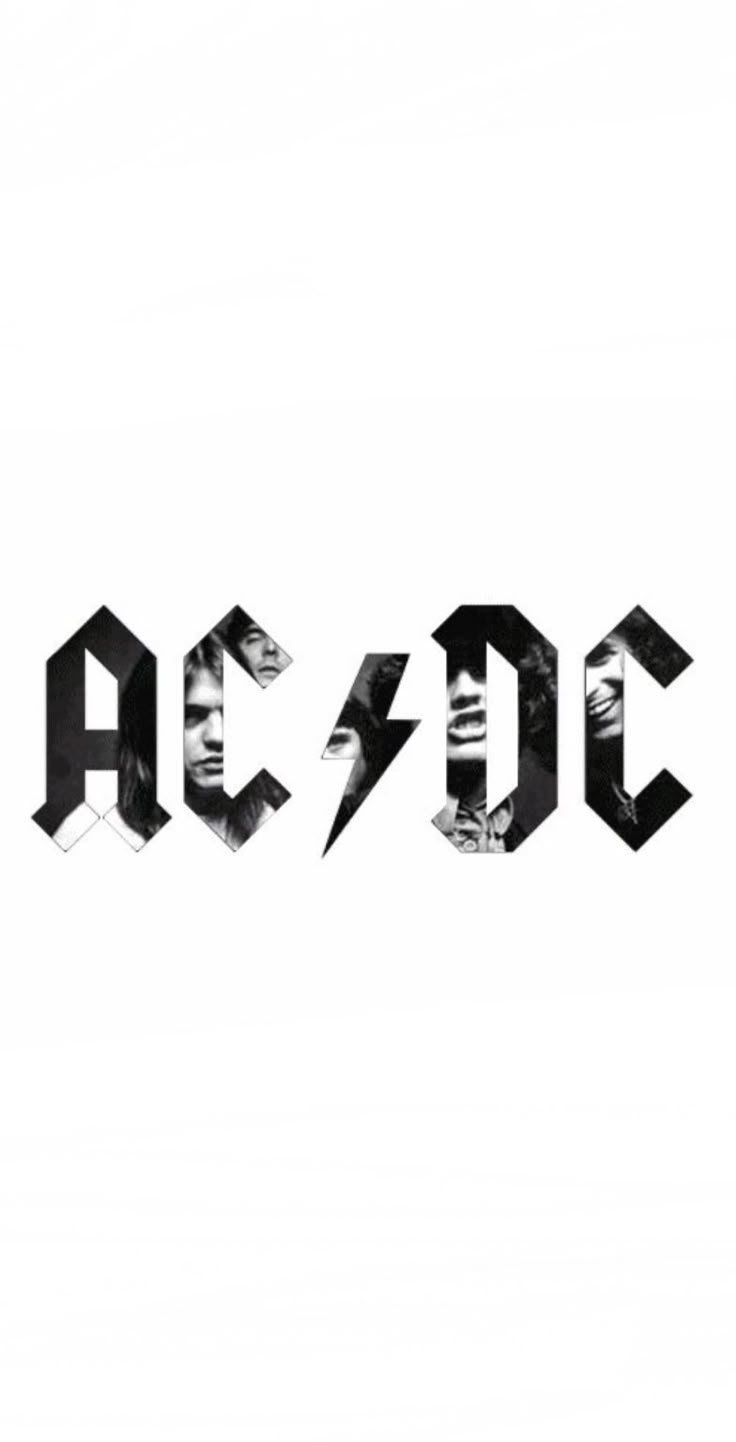 the word ac dc is made up of letters and black and white images on a white background