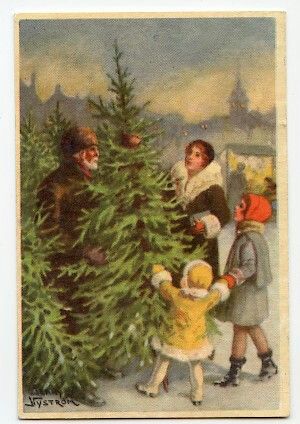 an old fashioned christmas card with children picking up a tree from the bottom and another child reaching for it