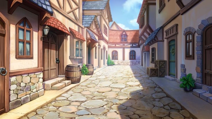 an animated image of a cobblestone street with buildings and barrels on either side