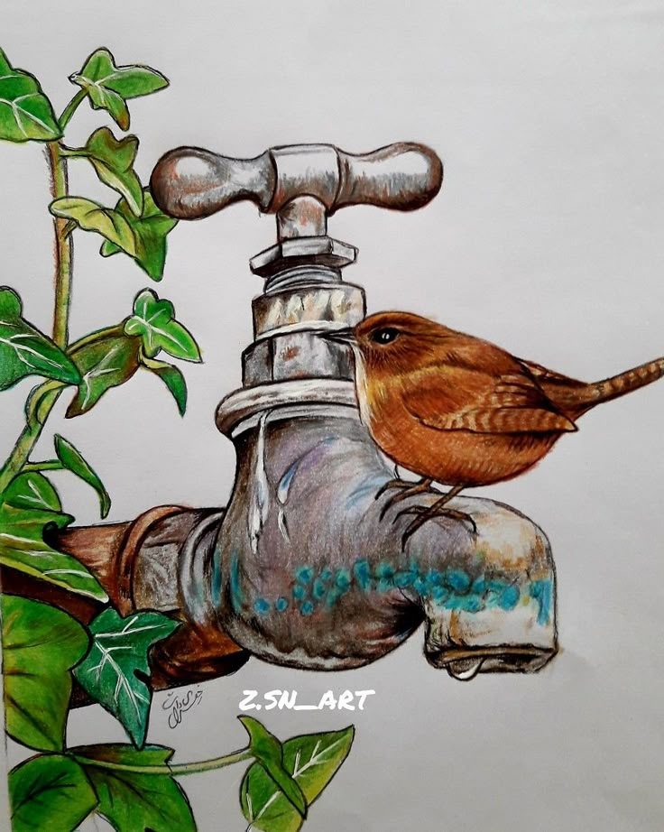 a drawing of a bird sitting on top of a faucet next to a plant