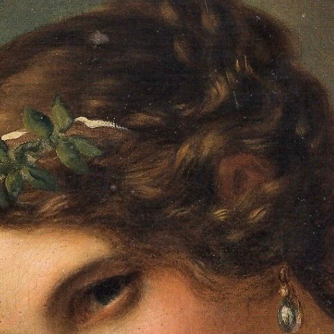 a close up of a painting of a woman with flowers in her hair