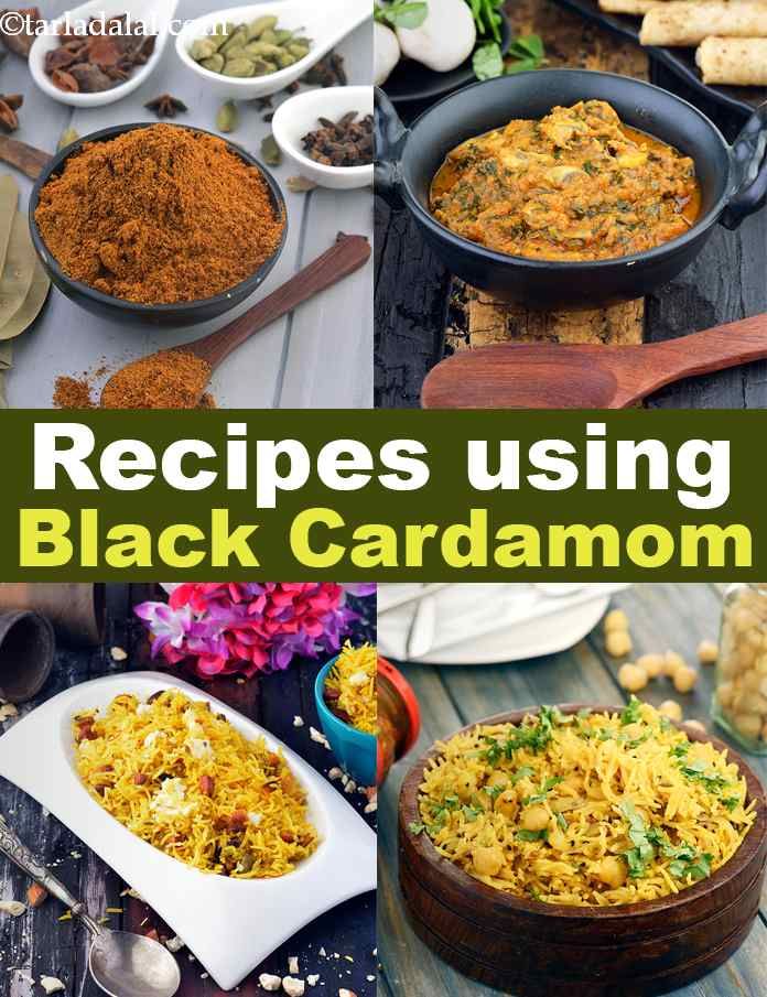 several pictures of different types of food and the words recipes using black cardamom