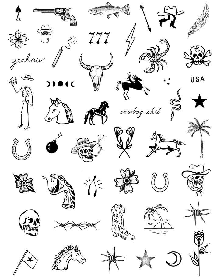 various tattoo designs and symbols on white paper