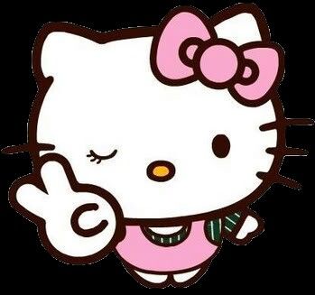 the hello kitty is smiling and holding her hand up