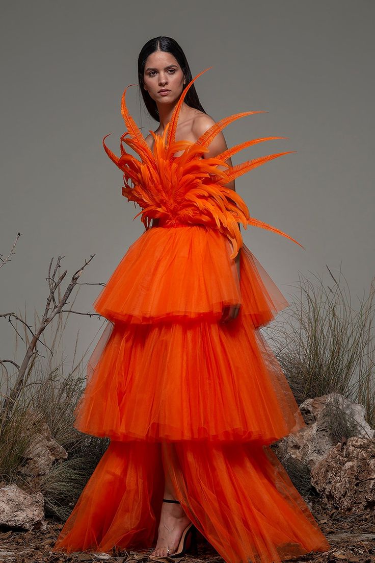 Feathered bodice tulle tiered dress - HerTrove Feather Fashion Couture, Met Gala Dresses Gowns, Tulle Tiered Dress, Orange Maxi Skirt, Isabel Sanchis, Feather Gown, Met Gala Dresses, Wedding Skirt, Tiered Skirts