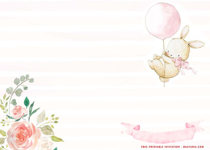 a watercolor drawing of a bunny flying with a pink balloon and flowers on the side