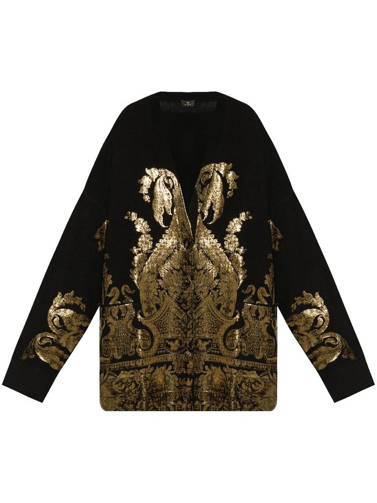 black/gold-tone wool knitted construction foiled finish front button fastening V-neck graphic print to the front long sleeves straight hem Drop Shoulder Cardigan, Wardrobe Edit, Iconic Bags, Cardigan Black, Demi Fine Jewelry, Boots Fall, Exclusive Fashion, Knitwear Cardigan, Fine Earrings