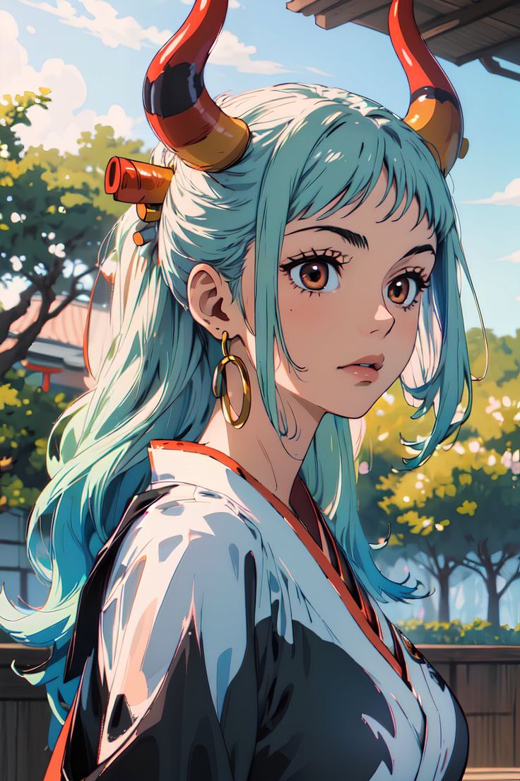 an anime character with horns on her head and blue hair, standing in front of trees